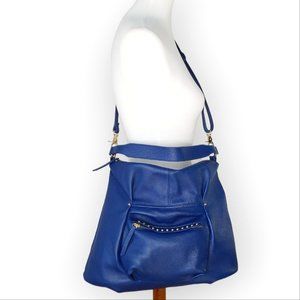 Laggo Joyce Crossbody Hobo Bag Blue Pebbled Leather Studded Gold Hardware